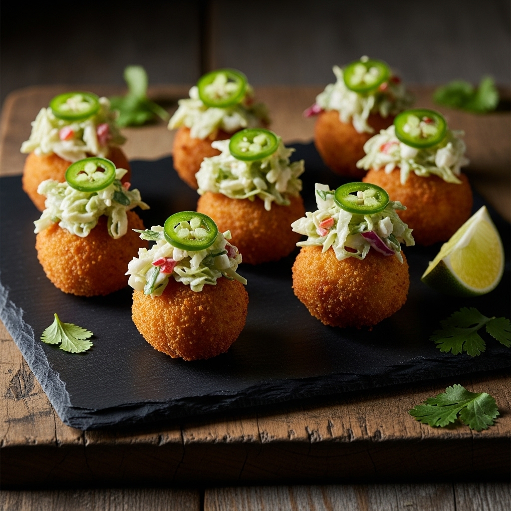 Smoky Deviled Crab Bites with Crispy Jalapeño Slaw